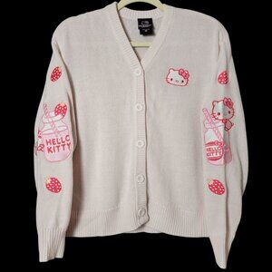 Hello Kitty Womens Pink Strawberry Milk Kawaii Coquette Knit Sanrio Cardigan XS